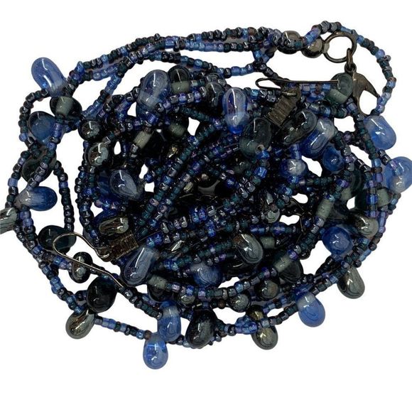 Beaded Necklace Earring Set Faux Lapis Nugget Blue Multi-strand Fashion Lot 0351 - Picture 11 of 13